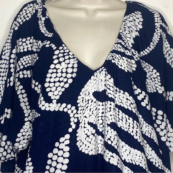 Mo Woman Abstract Print Casual Dress M Navy Blue White V-Neck Short Sleeves - Picture 2 of 14